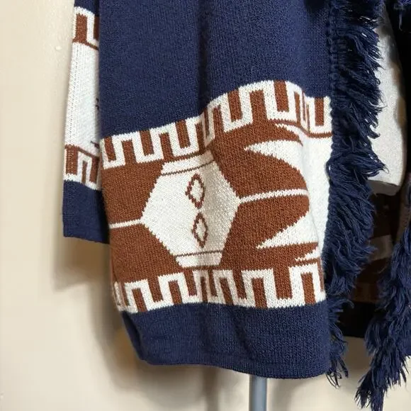 Cocogio Fringed Open Fron Cardigan Sweater Womens Sz L Aztec Boho Western Italy - Picture 6 of 16